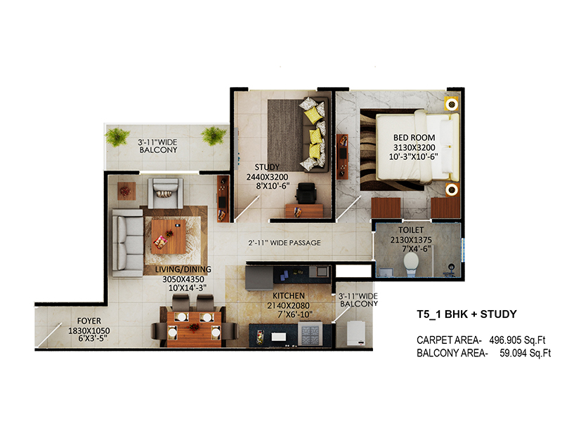 Signature-Global-the-Millennia-1BHK-Study-Type-5-Floor-Plan
